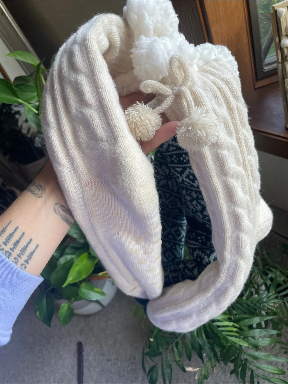 Cozy Fleece-Lined Winter Socks/ House Slippers - Cream & Forest Green NWT